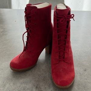 Brand new, never used! Timberland ruby red heeled boot/ leather/ rubber sole